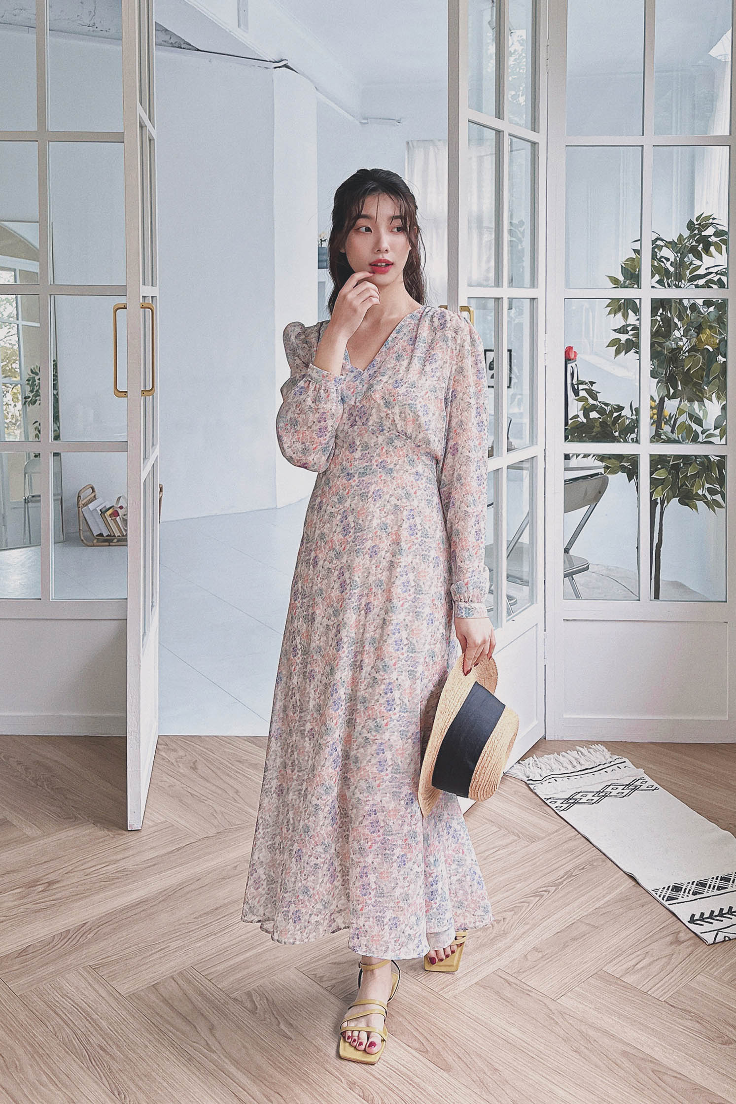 YOURZ 23SS#2 復古花簇腰封雪紡長洋