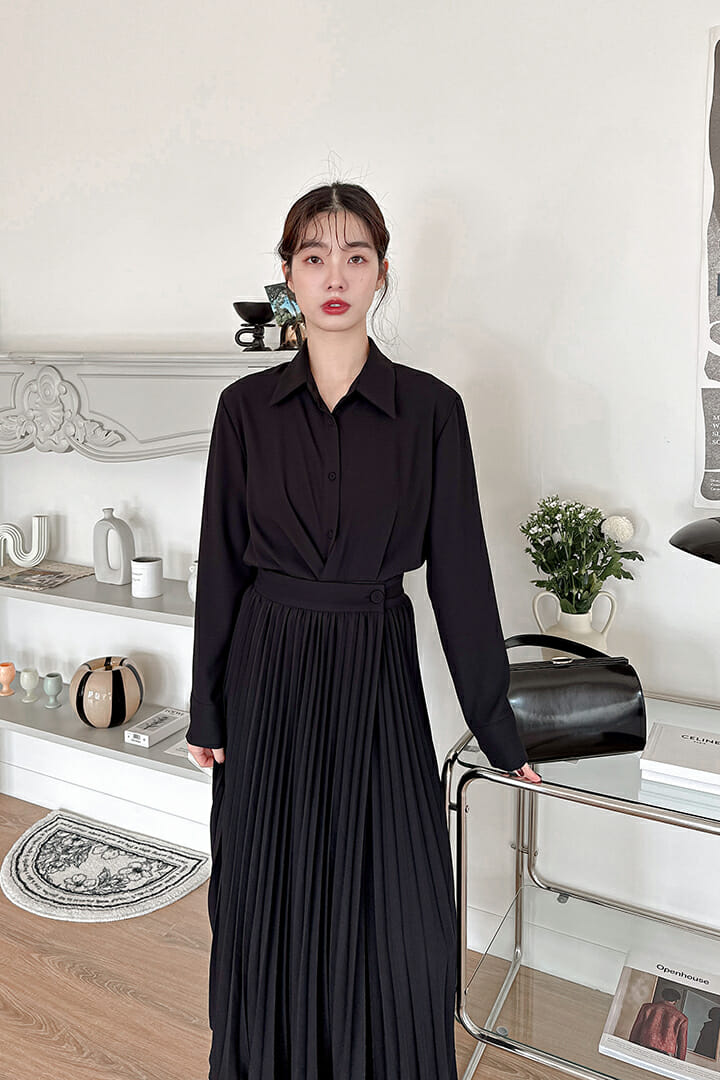 23MAR#45 假兩件襯衫百褶長洋